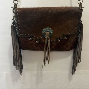 Genuine Leather Brown Leather Crossbody Bag with Fringe Teal Cross
